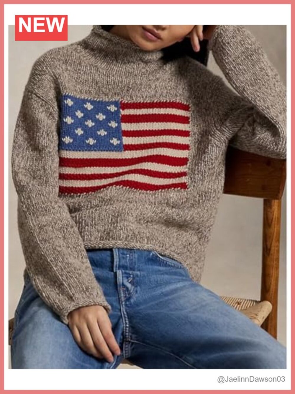 Womens Vintage American Flag Sweater Long Sleeve Turtleneck Knitted Pullover - Picture 2 of 3